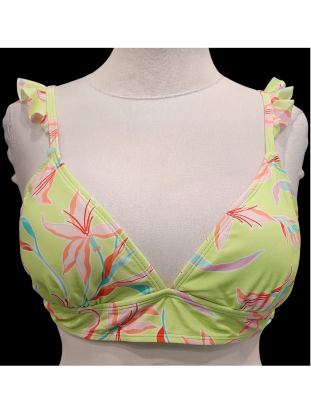 Ninety-Nine Juniors Ruffle Bralette Bikini Top XL Lime Green Floral Swim NWT